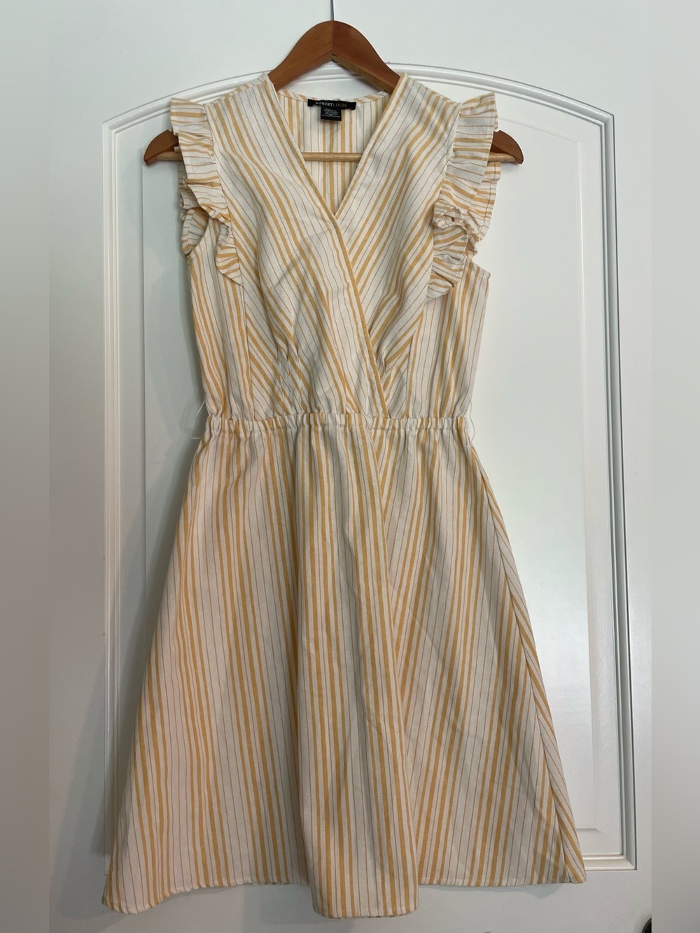 Robert Louis Yellow White Striped A-Line Ruffle Sleeve Linen Sundress Size S
